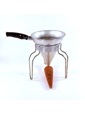 Vintage Aluminum Wear-Ever Sieve Cone Strainer Wood Pestle w/ Stand Canning